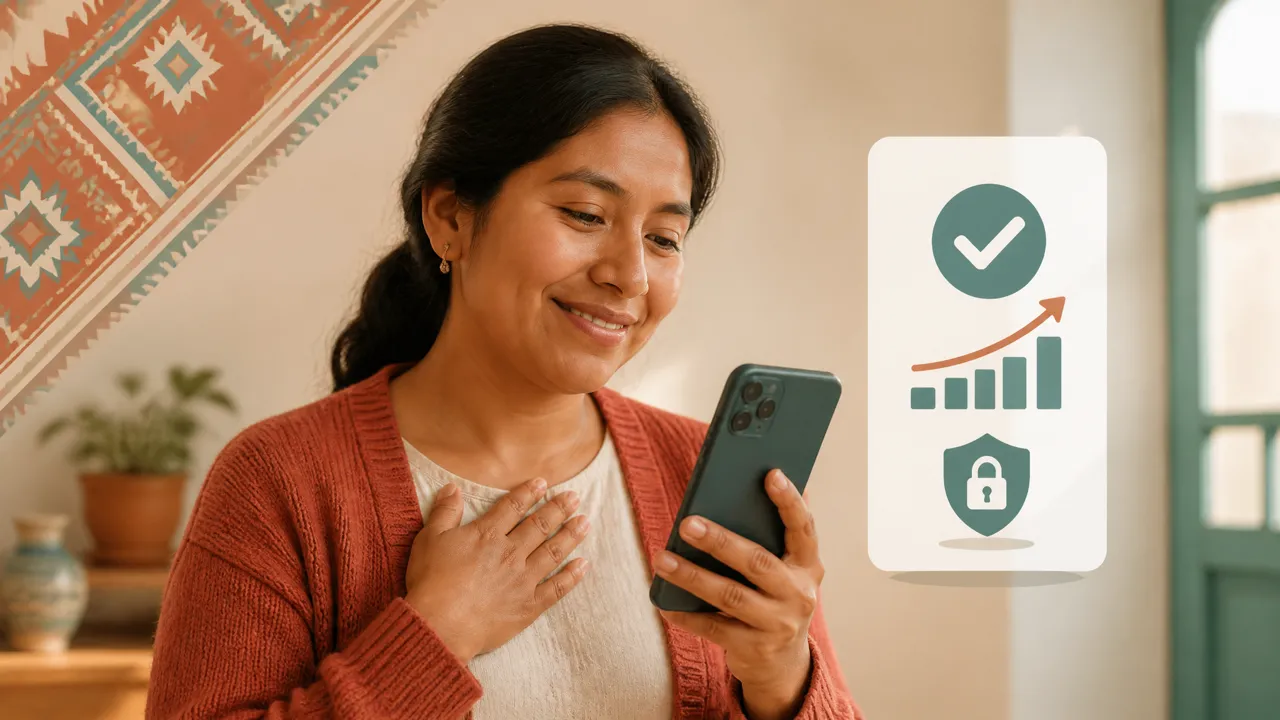 Mujer peruana revisa aliviada la aprobación de su préstamo en el celular
